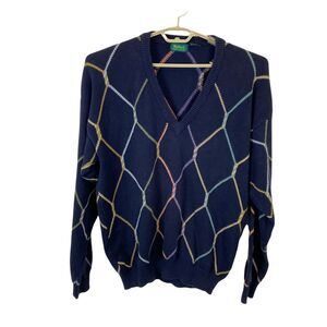 V Neck Pullover Sweater Vintage Byford Men's Navy Grandpa Long Sleeve Size Large